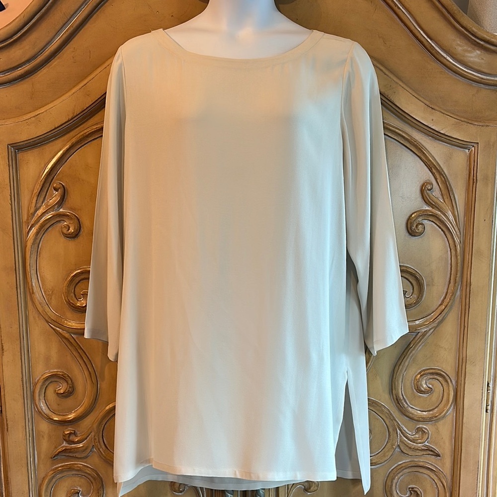 Eileen Fisher Elegant 100% Silk Crepe Georgette Bone Tunic Top EUC